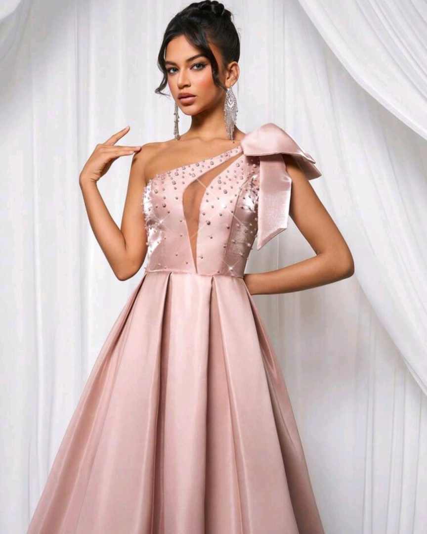 Graceful Pink Prom Dresses One Shoulder Sleeveless Lace-Up Court Gown Floor-Length Custom Made Formal Party Dress Vestido De Noite