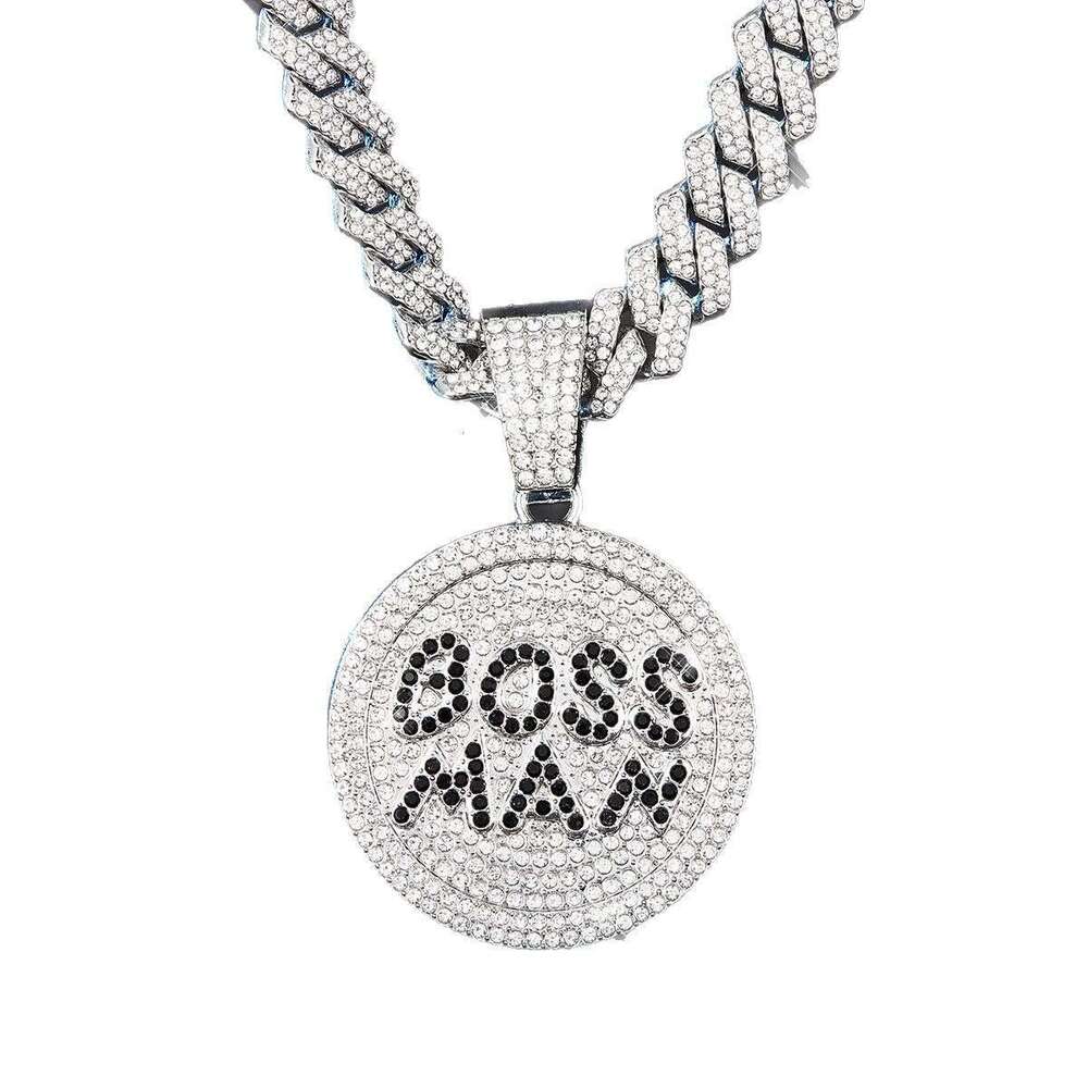 Full Dia English Letter Pendant Hip Hop Exaggerated Creative Round Plate Street Trend Alloy Cuban Necklace