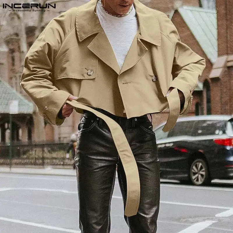 INCERUN Fashion Men Jackets Lapel Long Sleeve Solid Color Streetwear Male Crop Coats Loose Casual With Belt S5XL 250730