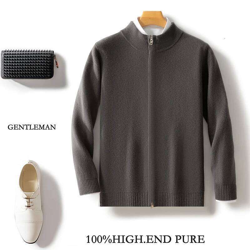 Men's 100% Merino Wool Warm Sweater Mock Collar Thickened Zippered Cardigan Autumn Winter New Cashmere Knitted Long Sleeve Tops MDNG