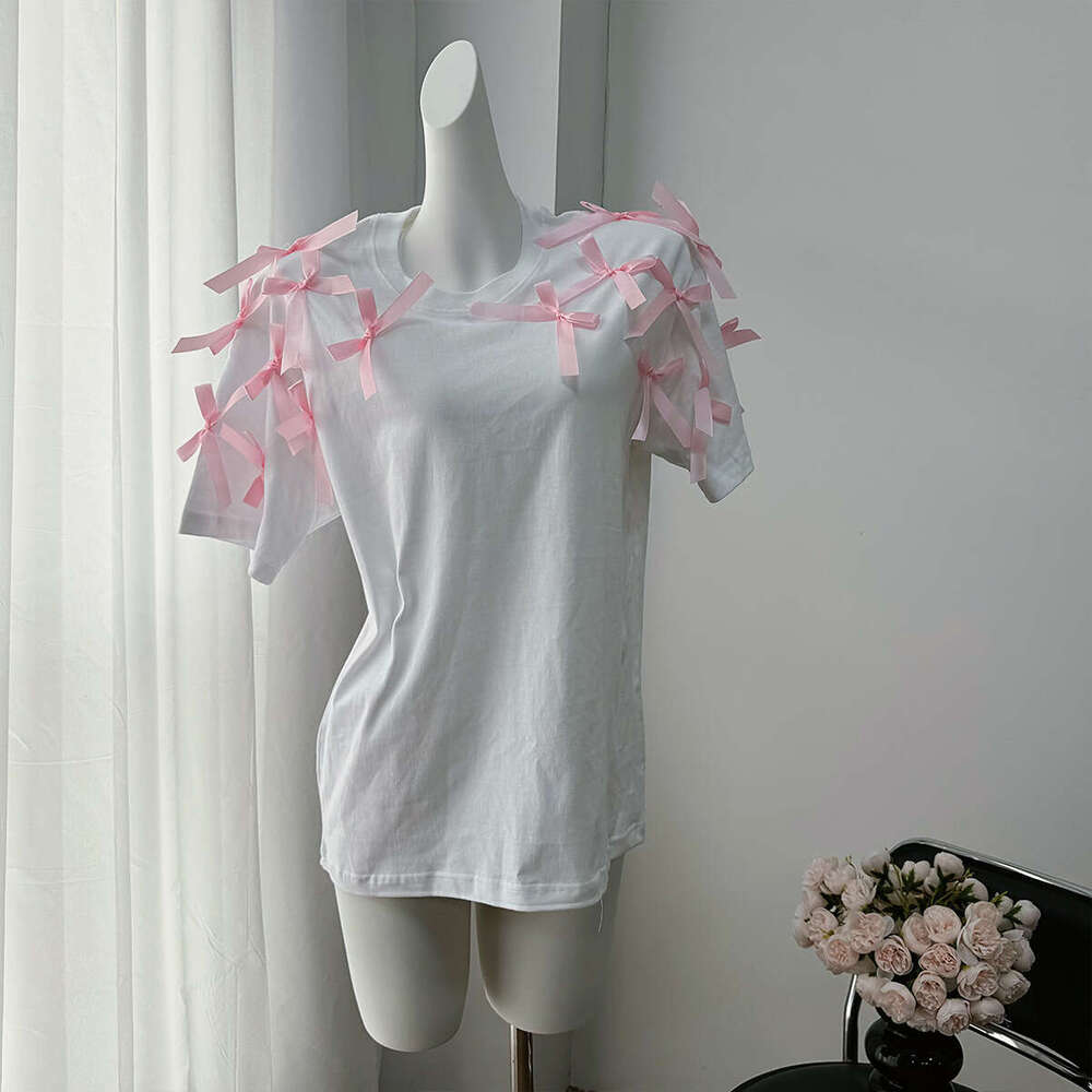 Cute Girl Ribbon Bow Short Sleeve T-Shirt Ins Style Loose Cotton Casual Top B5