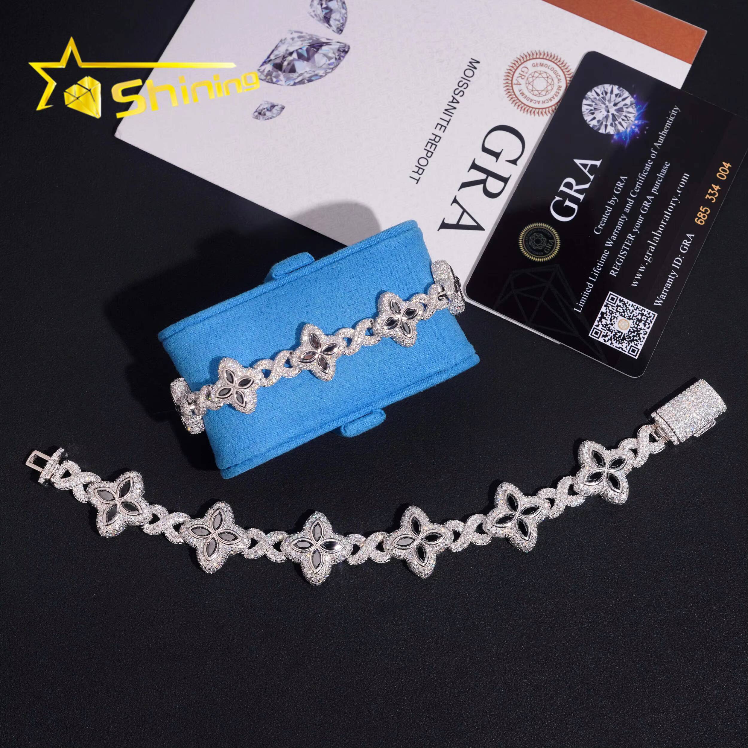 Hot Sale 15mm 18mm Black Color Moissanite Clover Bracelet Hip Hop Jewelry 925 Silver Iced Out Infinity Moissanite Cuban Bracelet