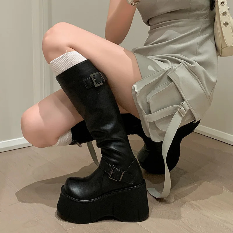 Womens Shoes Basic Womens Boots Classics Knee-High Boots Women Belt Buckle Side Zip Round Toe Wedge Platform Shoes Ladies 250729