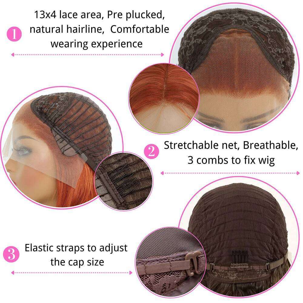 Ginger Orange Color Long Straight 13*4 Copper Red Human Hair Glueless Pre Plucked Synthetic Lace Front Wigs