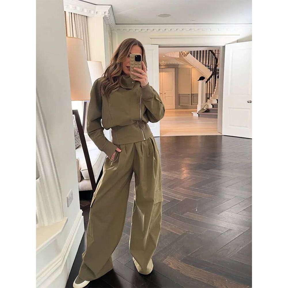 Women Tracksuit Pant Stand Collar Long Sleeve Jacket Loose Waist Pockets Wide Leg Pants Two Piece Set Lady Sport Suit