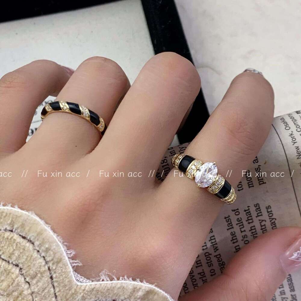 Light Luxury Exquisite Old Money Style Black Zircon Open Fashionable High-end Index Finger Niche Design Personality Ring 234