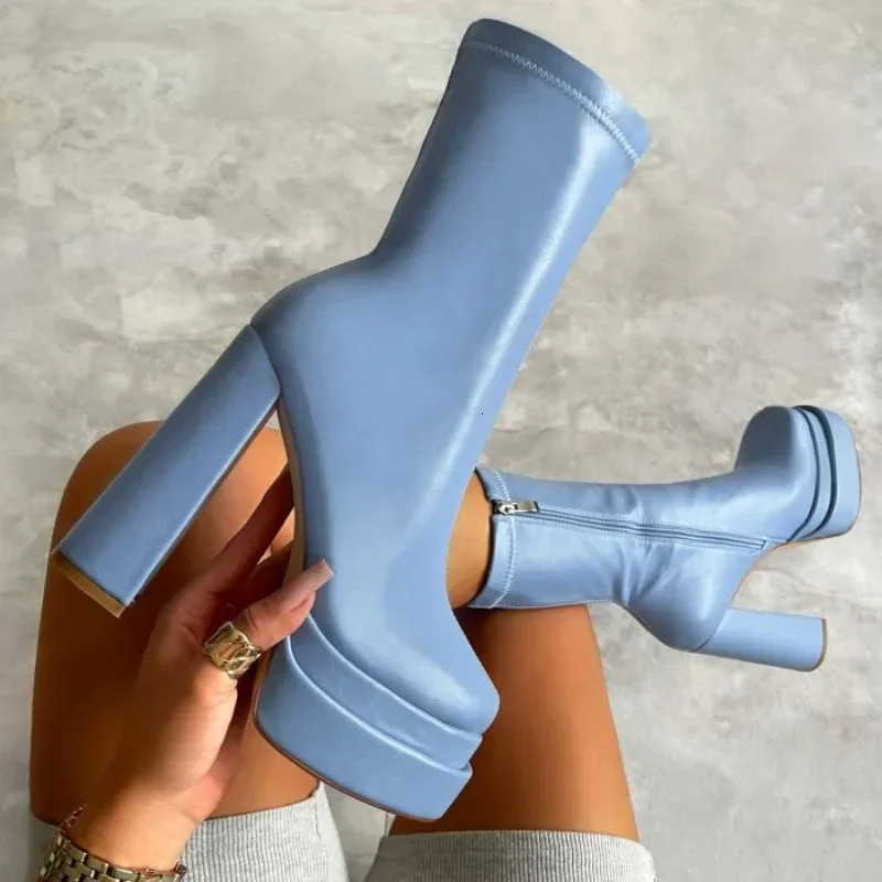 Women Sexy Chunky High Heels Ankle Boots Winter Fashion Platform Elasticity Boots Punk Zipper Thick Sole Booties 250729