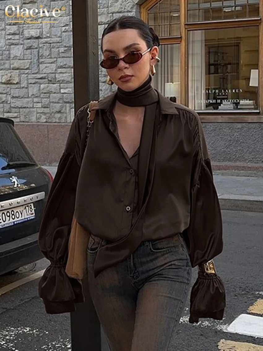Clacive Fashion Loose Brown Satin Womens Shirt 2025 Elegant Lapel Long Sleeve Shirts Casual Classic Blusas Top Female Clothing 250724