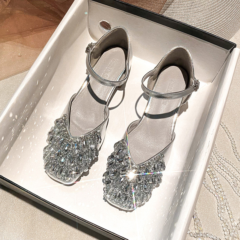 Summer New Women's High Heels Thick Heels Middle Heels French Water Diamond Hollow Sandals Women's Single Shoes New Fairy Style Designer Hig