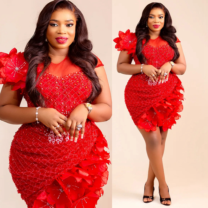 2025 Plus Size Red Cocktail Dress For Women Sheer Neck Short Sleeves Flora Appliqued Beaded Lace Homecoming Dress Short Mini Gown For African Black Gi