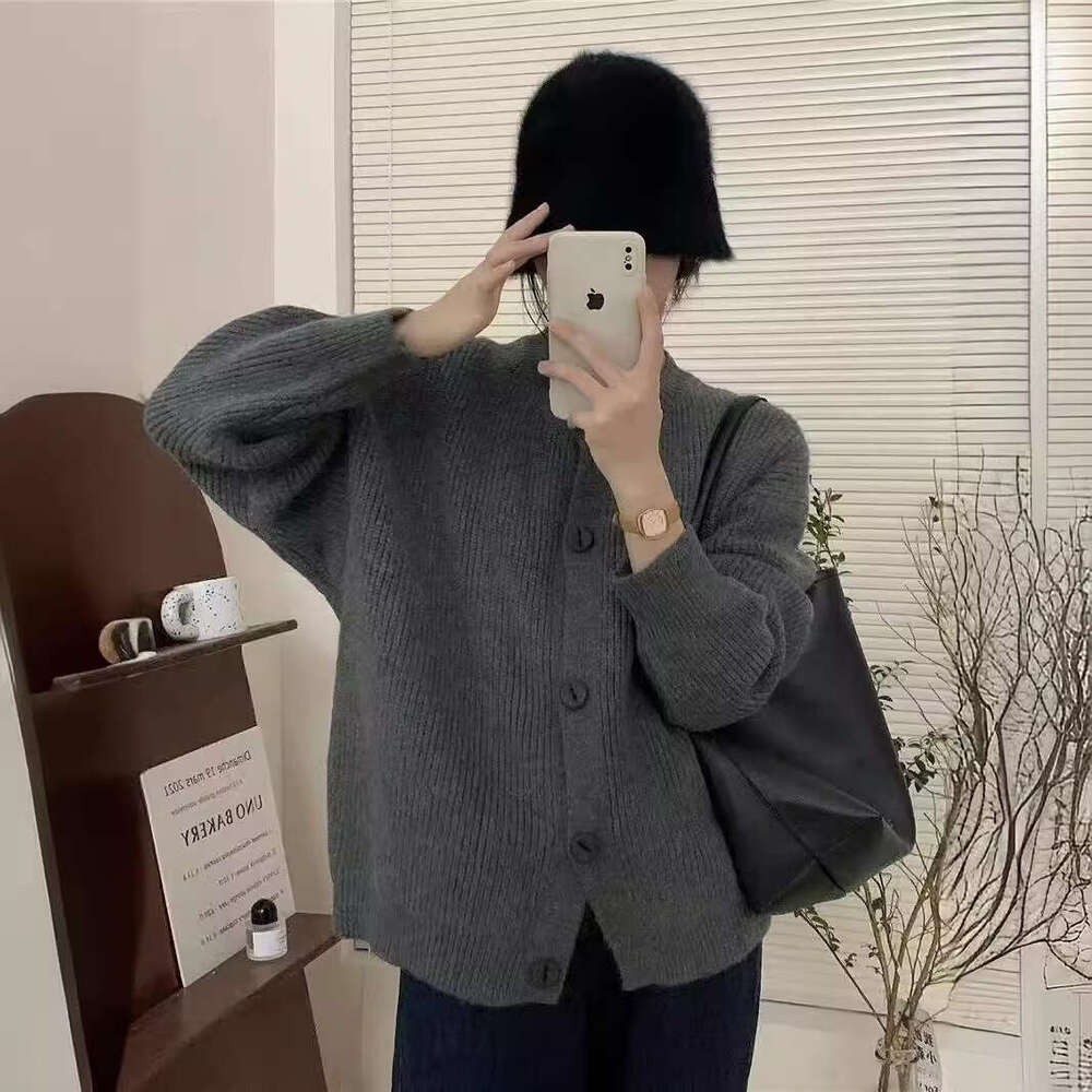 Autumn Winter New Lazy Style Korean Version Cardigan For Women Soft Sheep Wool Ribbed Button Sweater Dark Gray B5