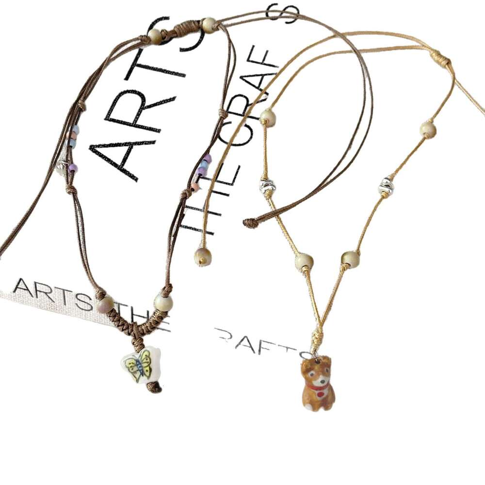 Cartoon Ins Oil Drop Cute Ceramic Puppy Butterfly Braided Rope Long Necklace for Women Unique and Adorable Pendant abc