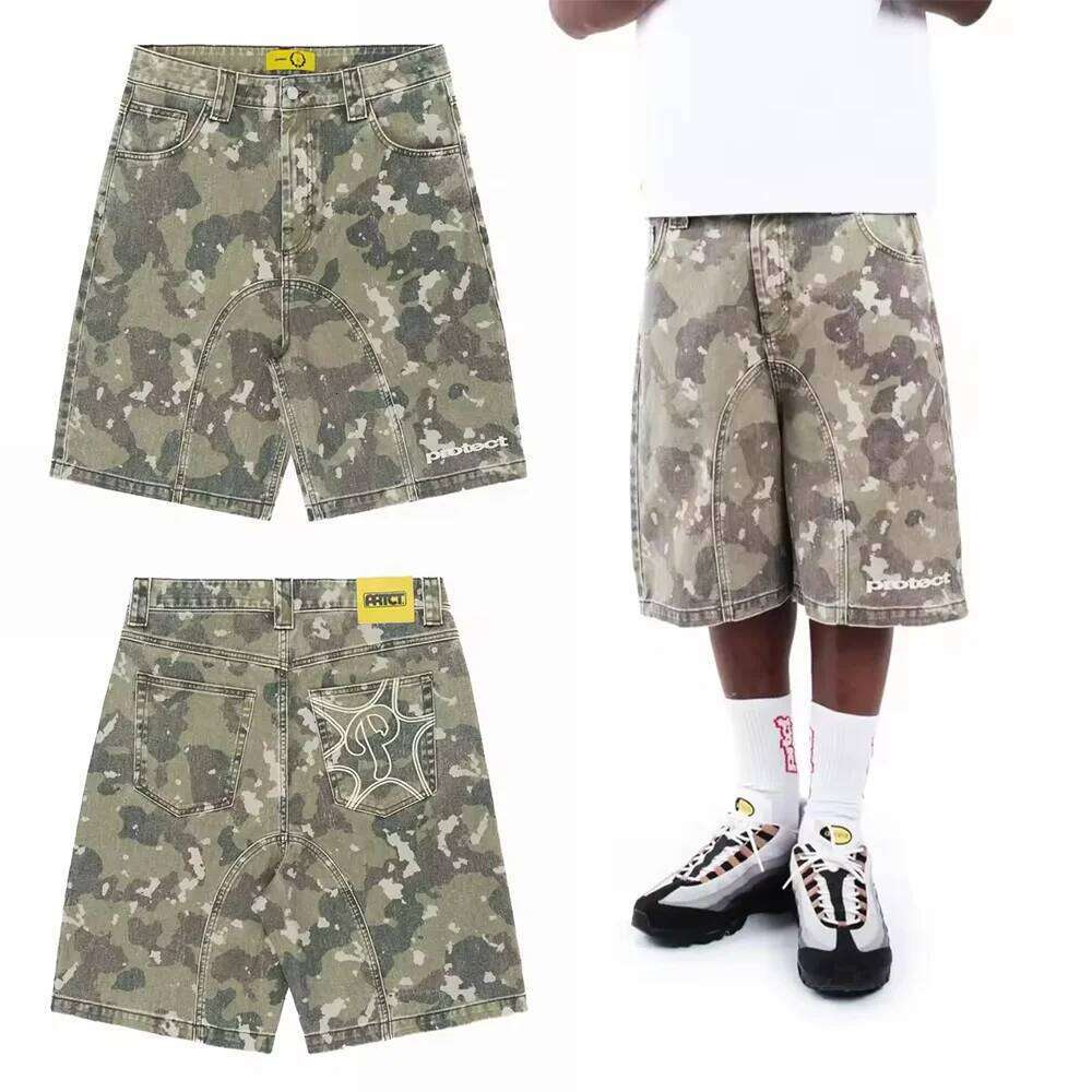 American Retro Denim Y2K Jeans Letter Embroidery Washed Camouflage Baggy Shorts Low Waist Over The Knee Pants