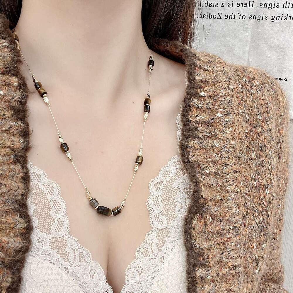 Exquisite Fashionable Melad Coffee Color Tiger Eye Stone Snake Bone Necklace High-end Niche Women's Metal Long Sweater Chain 1de