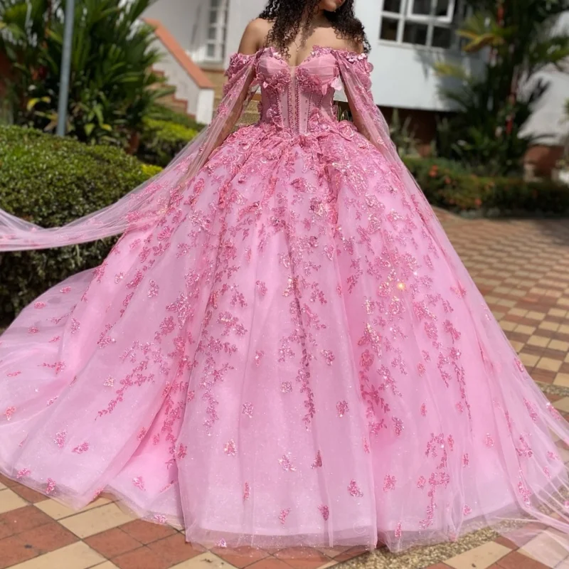 Pink Shiny Quinceanera Dresses Off The Shoulder Sequin Applique Bow Beads Tulle With Cape Vestidos De 15 Anos Sweet 15 Dress