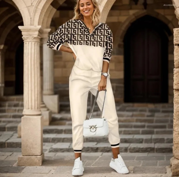 Women's Tracksuits Women Two Piece Pants Set Tracksuit Spring Autumn Fashion Chain Print Long Sleeve Top Pencil Pants Ladies Casual Sport Outfits
