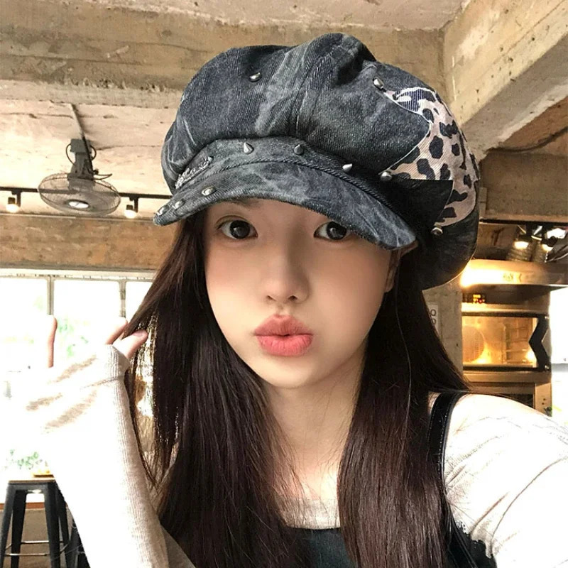 American Punk Style Rivet Star n Octagonal Hats for Women Spring and Autumn Casual Versatile Retro Washed Denim Berets Cap 250729