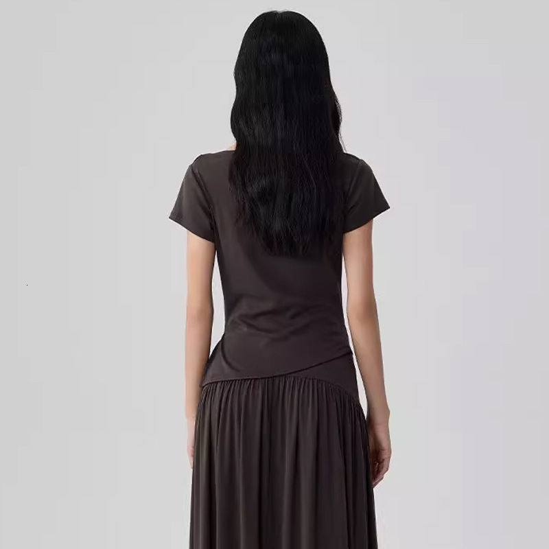 2025 summer new swing collar design short sleeved shirt with waist and slit, women's exquisite top new designer T-shirt
