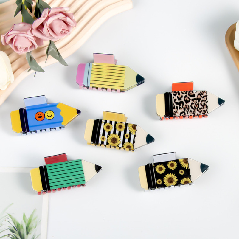 Sunflower Leopard Print Striped Smiley Face Pattern PVC Hair Pencil Shape 8.6cm October New Claw Clip