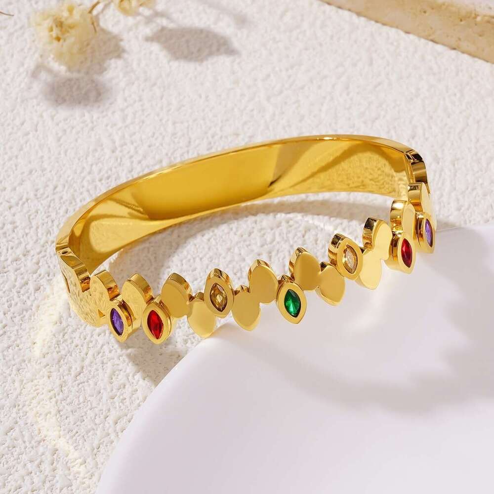 Minimalist Oval Titanium Steel Gold-Plated Personalized Micro-Inlaid Colorful Zircon Full Dia Bracelet Ins Fashion Women's Jewelry