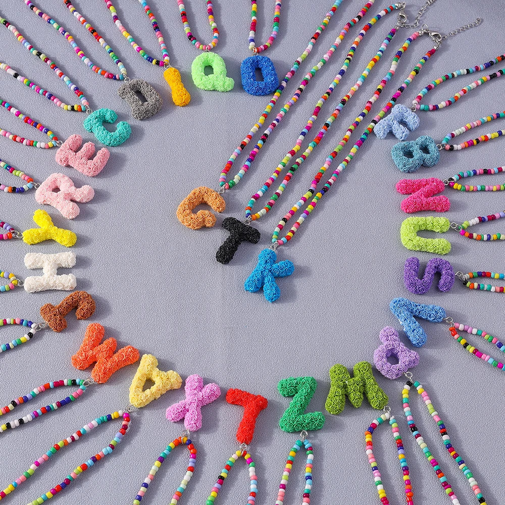 Fashion Candy Color Initial 26 Letters Alphabet A-Z Letter Necklace for Women Girls Beads Necklace Pendant Party Jewelry Gift 250729