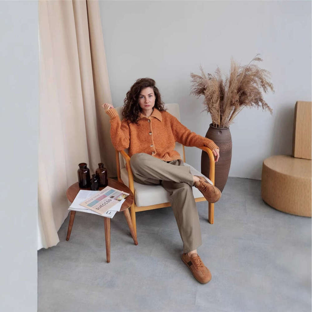 Caramel Color Fluffy Sweater Coat For Women Autumn Winter New Lazy Loose Turn-Down Collar Knitted Cardigan Top B5