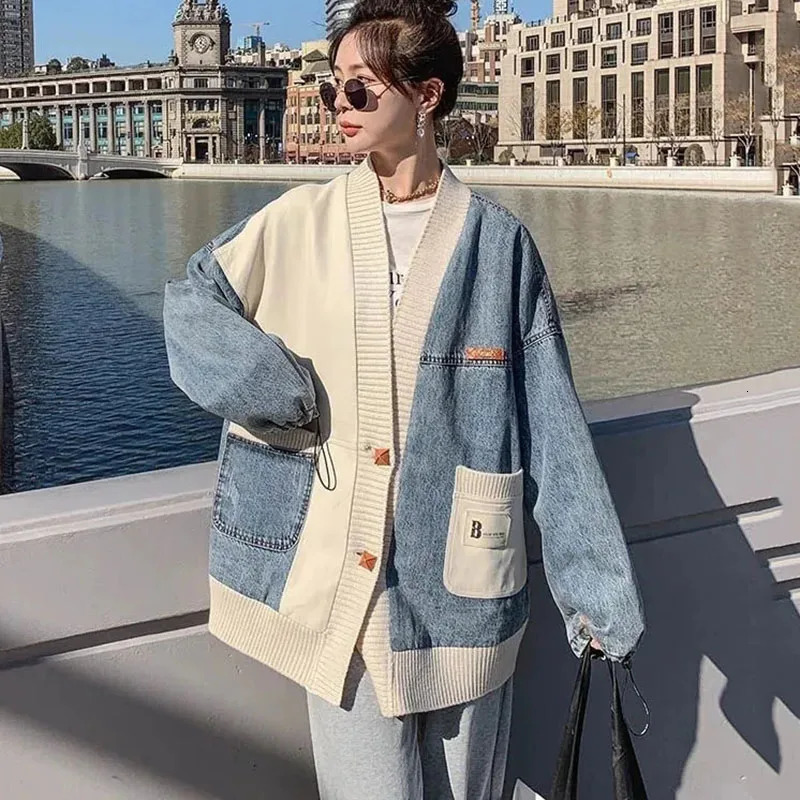 Oversized Womens Denim Coat Autumn n Sense Loose Baseball Jacket Top Fashion Female Sweater Patchwork Outerwear 4XL 250730