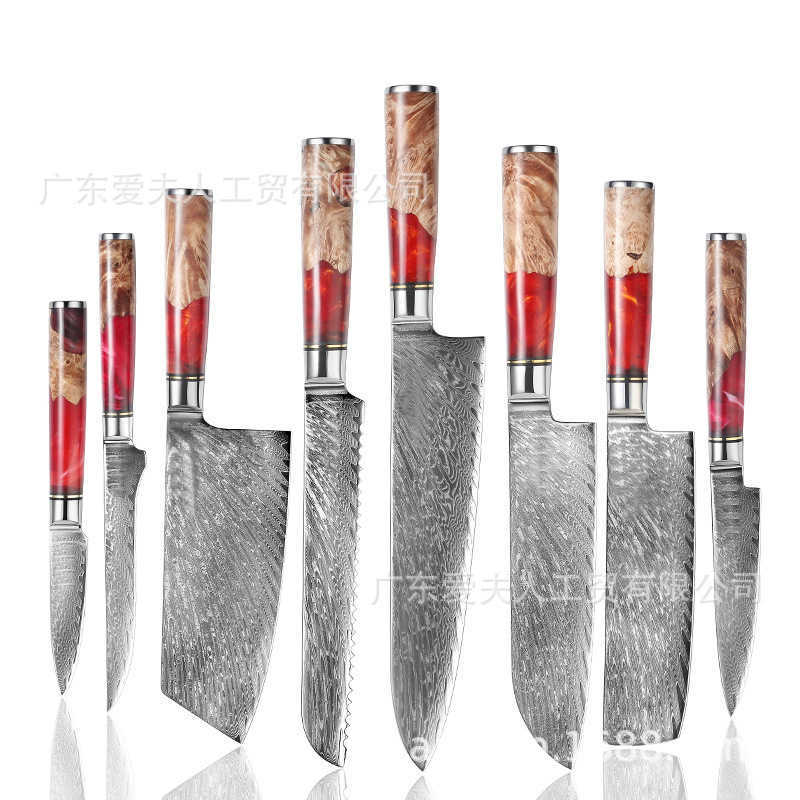VG10 Damascus chef's knife set with resin handle, small size, suitable for ladies, slicing meat, perfect for cooking, sharp and durable kitchen k