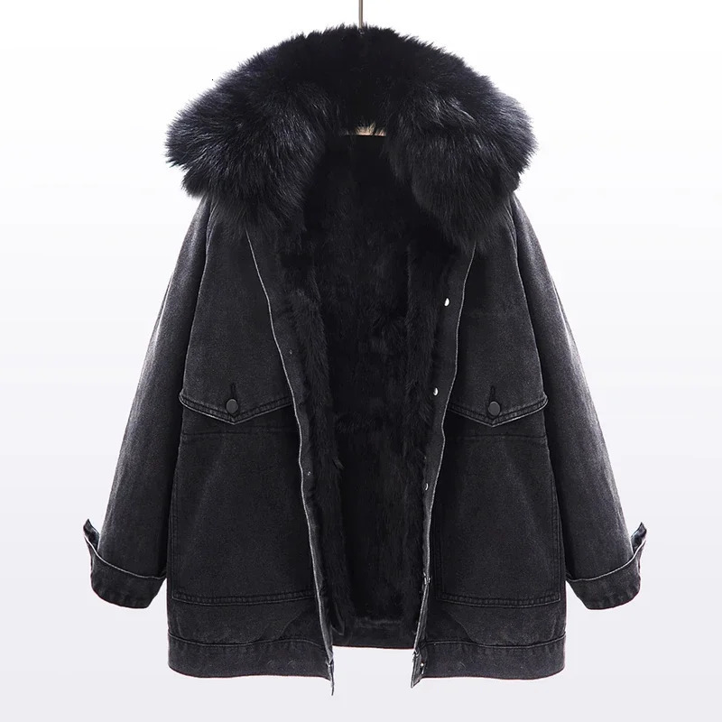 Natural Fox Fur Collar Rabbit Liner Denim Jacket Coat Women Winter Thick Warm Loose Mid Long Big Pocket Jeans Jackets Female 250730