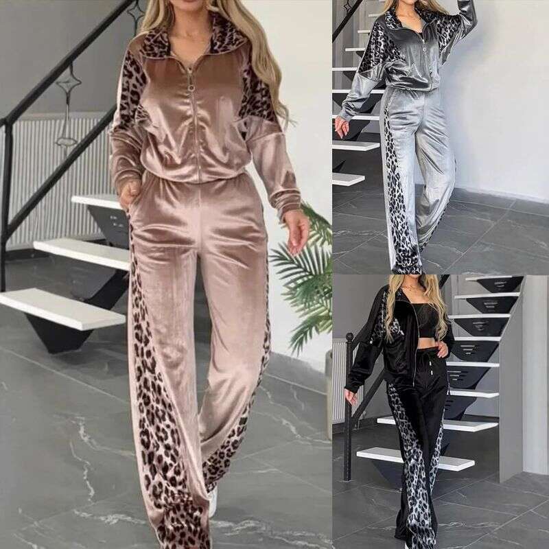 Women's Clothing Leopard Print Contrast Trousers Long Sleeved Home Clothes Suit