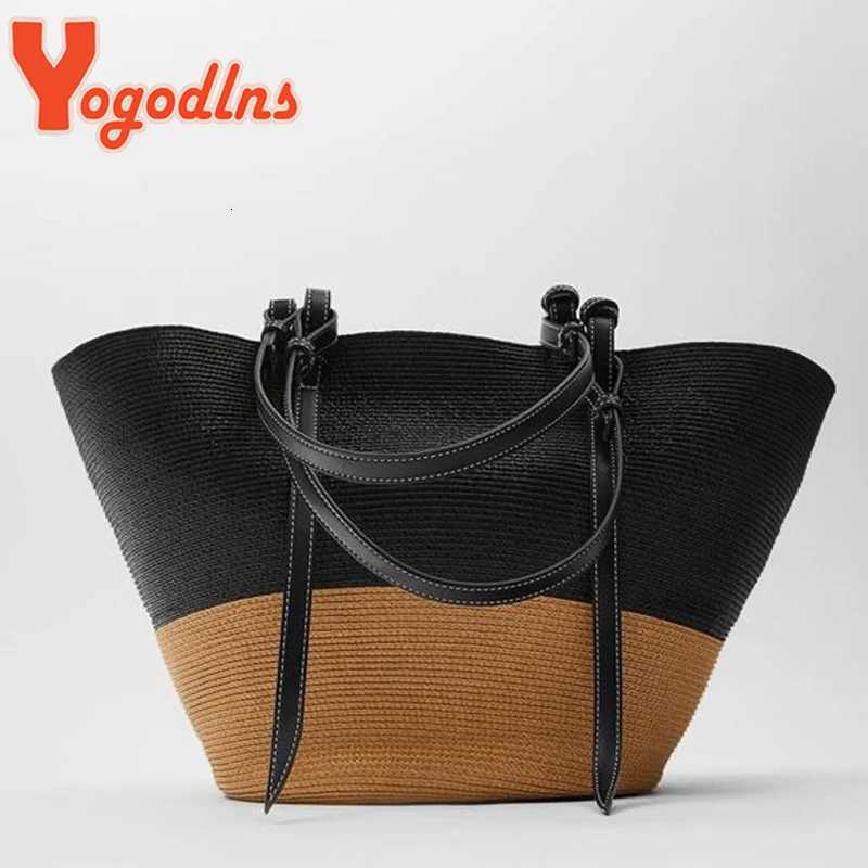 Yogodlns Summer Straw Totes Bag Women Large Capacity Rattan Handle Bag Splicing Color Beach Bag Travel Woven Shoulder Bag Bolsa G250729
