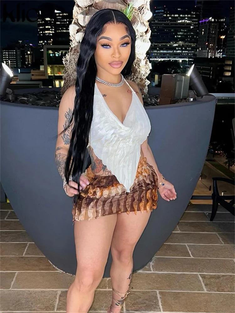 Summer Women Mini Sexy Mesh Two Piece Set K23S37851 Girl Print Ruched Halter CamisoleHip Skirt Outfit Dance Club Attire 250729