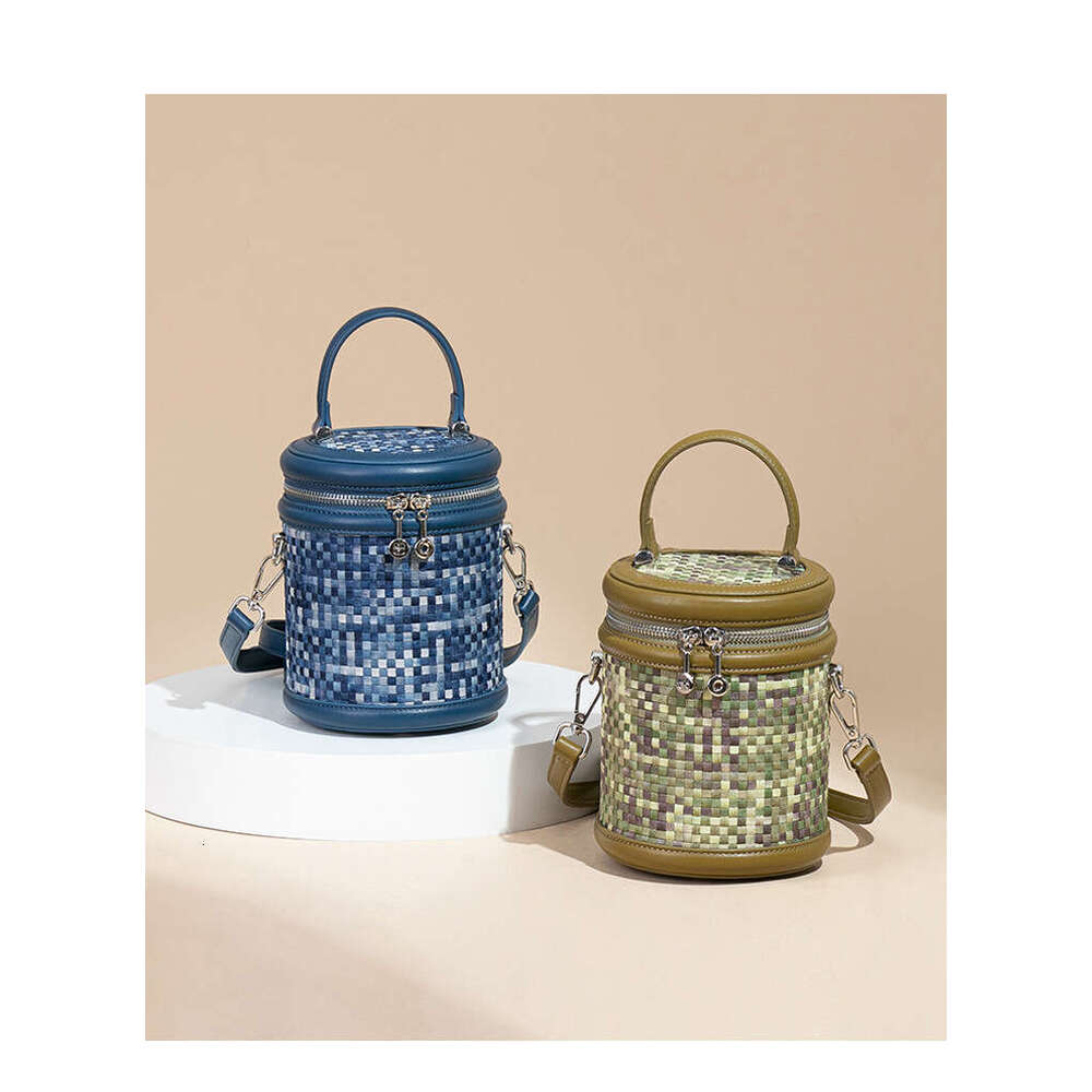 Lanjia- 2025 Lightweight Women Washed Denim Color-Block Design Bucket Woven Handbag Tote Cylinder Crossbody Bag 45Bba