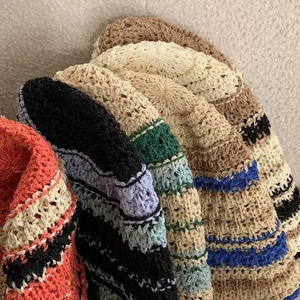 Fashion Striped Fisherman Hat Big Eaves Breathable Crochet Hat UV Protection Mticolor Str C Outdoor Y250730