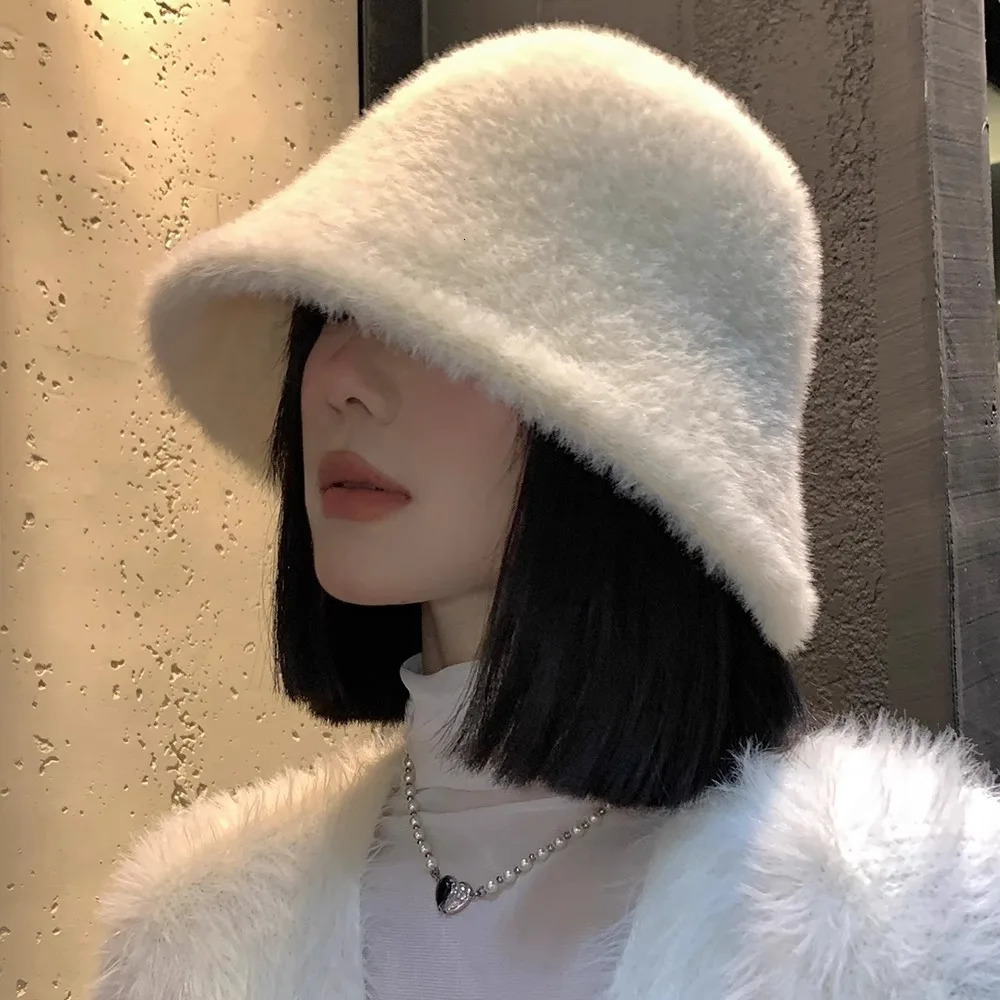 Korean Elegant Artificial Rabbit Fur Bucket Hat Women Autumn Winter Warm Thickened Fisherman Hat Panama Plush Basin Hat Lady Cap 250724
