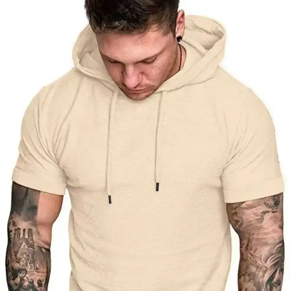 Summer Hooded Tshirt Mens Solid Color Short Sleeve Hoodie 250729