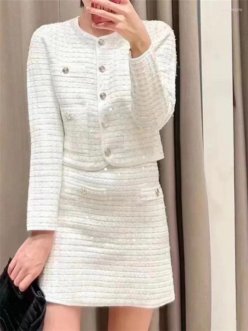 Designer Women's Jackets Sequin Knit Suit Ladies Single-Breasted Long Sleeve Short Jacket Or A-Line Skirt 2025 Autumn
