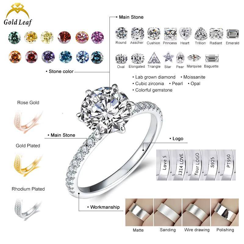 Goldleaf Custom Jewelry IGI Certificate 925 Sliver 1CT 2CT D VVS Round Diamond of Fine Moissanite Ring