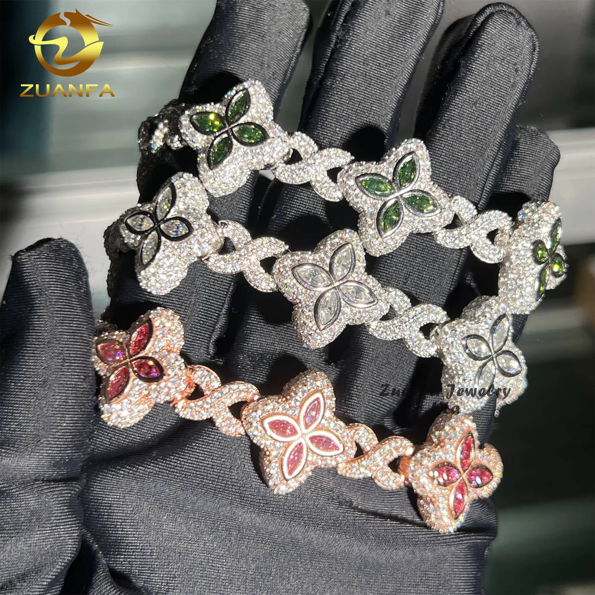 Hot Selling Hip Hop Color Marquise Cuban Link Chain Infinity 925 Silver Moissanbite Diamond Clover Bracelet