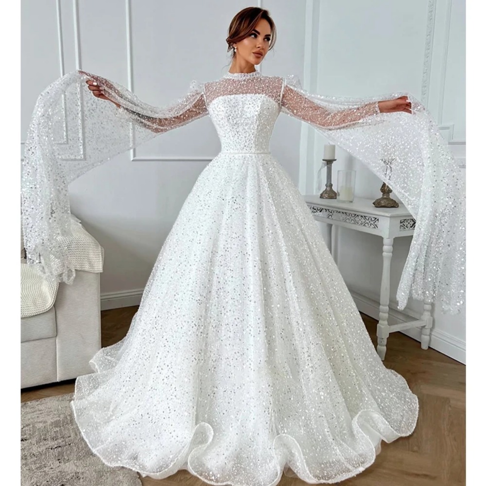 Luxurious Wedding Dresses Fully Beaded A-Line Ball Gown High-Neck Full Sleeve Customized Bridal Gowns Vestido De Novia Button Shawl