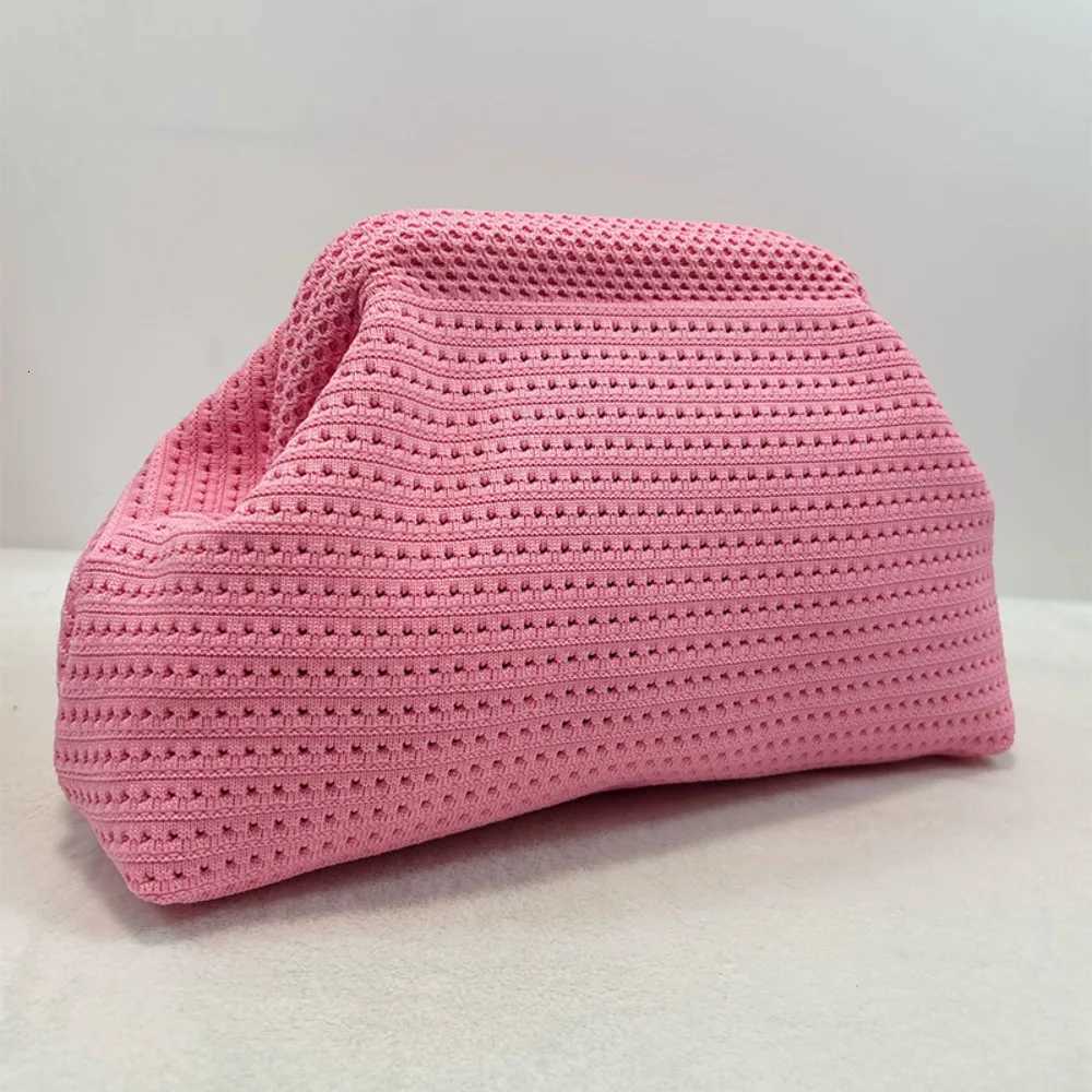 Solid Color Women Beach Clutch Bag Large Capacity Hollow Out Banquet Bag Soft Elastic Dumpling Purse Summer Crochet Handbag Y250729