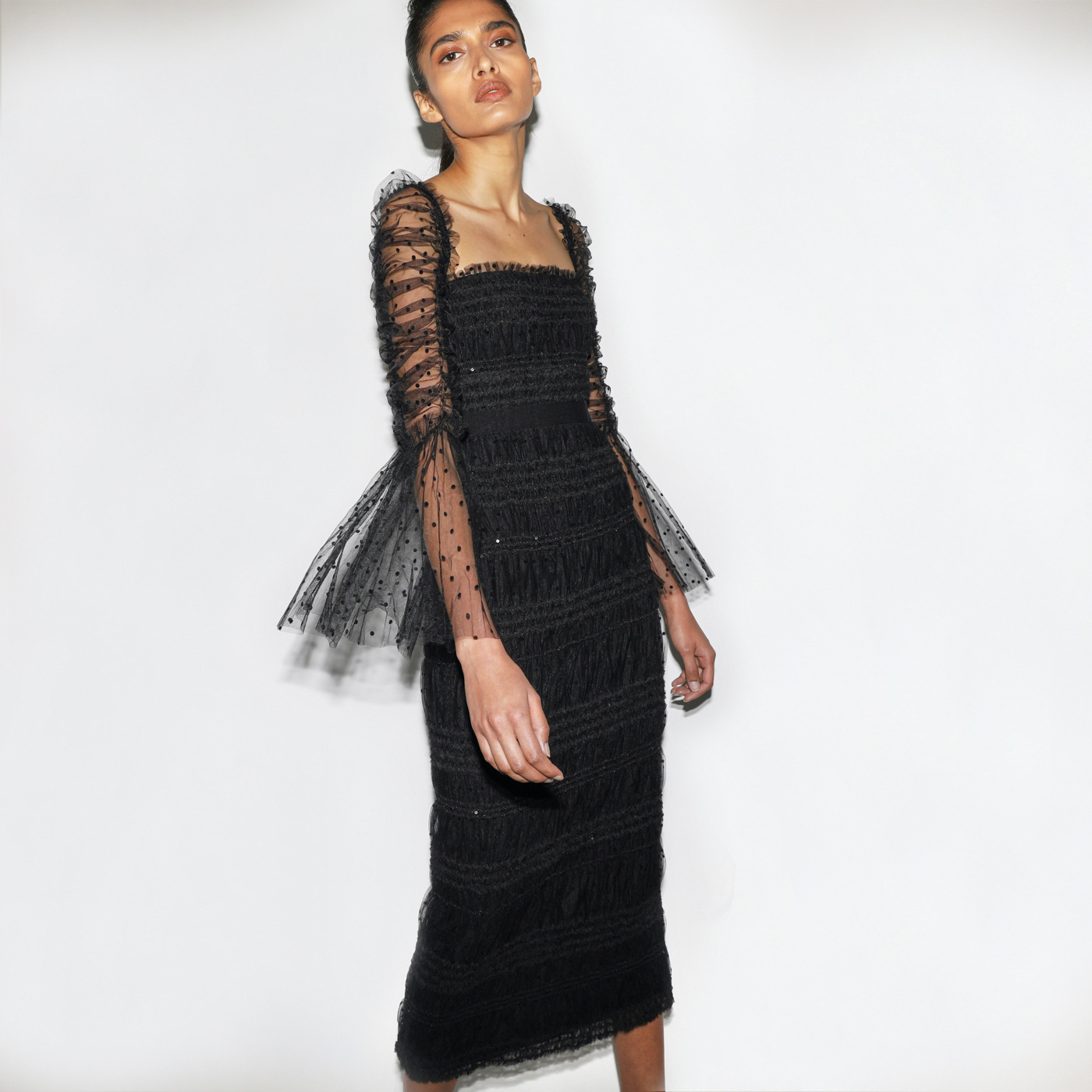 K729Black transparent mesh trumpet sleeve square neck waist dress elegant temperament evening dress
