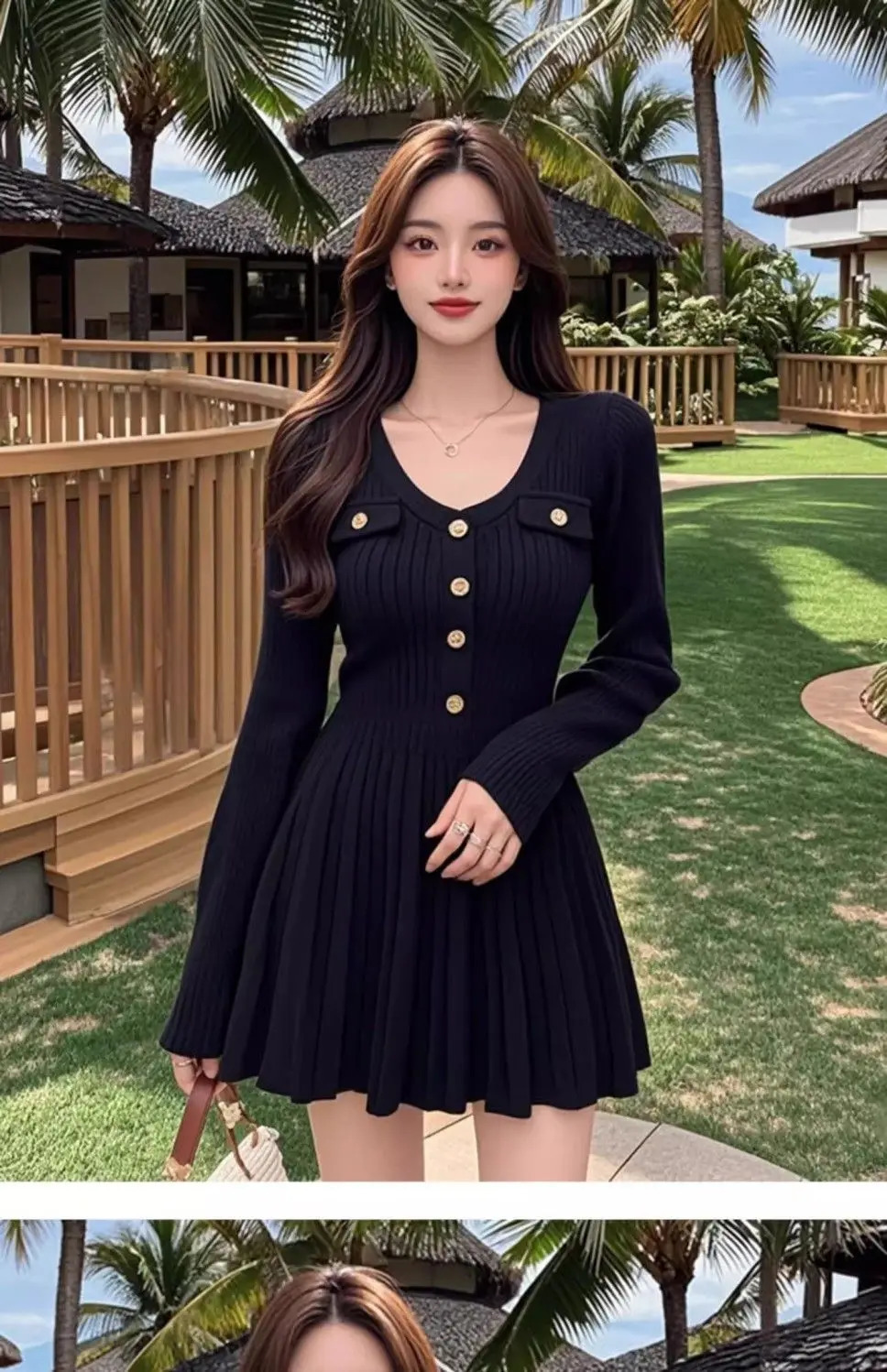 Knitted Dress with Waist-hugging Temperament Single-breasted Long-sleeved V-neck Color-blocking Short Skirt for Women 250725