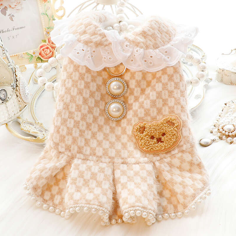Clothes Autumn Winter Thick Cat Princess Cotton Dress Chanel Style Pearl Small Dog Teddy Pet 5453