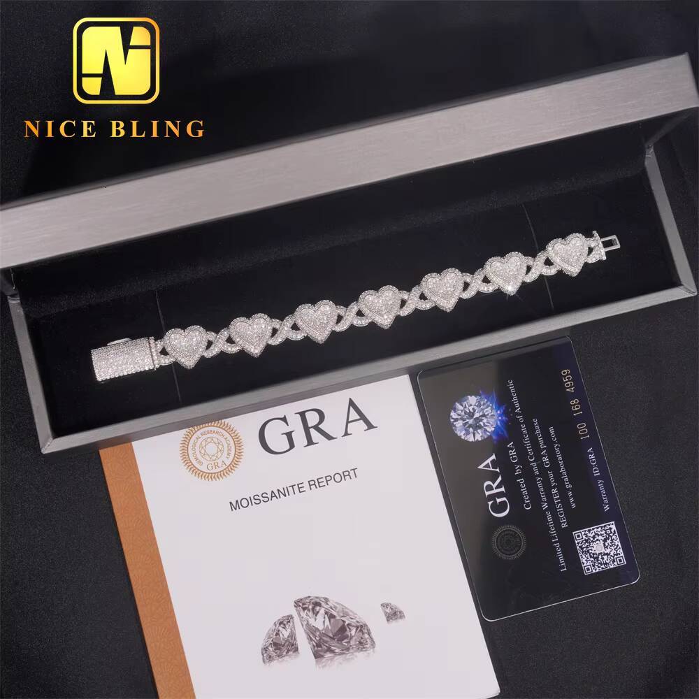 Fashion Men and Women Moissanite Cuban Link Bracelet 925 Silver Iced Out Heart Shape Hiphop Bracelet Best Gift