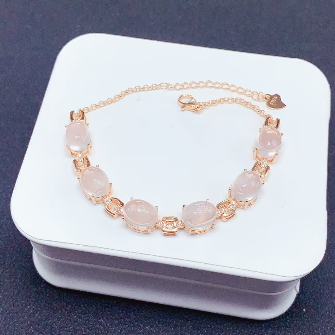 Natural Rose Quartz Bracelet for Party 7mm*9mm Total 12ct Rose Quartz Silver Bracelet with 18K Gold Plated 925 silver Gemstone Jewelry