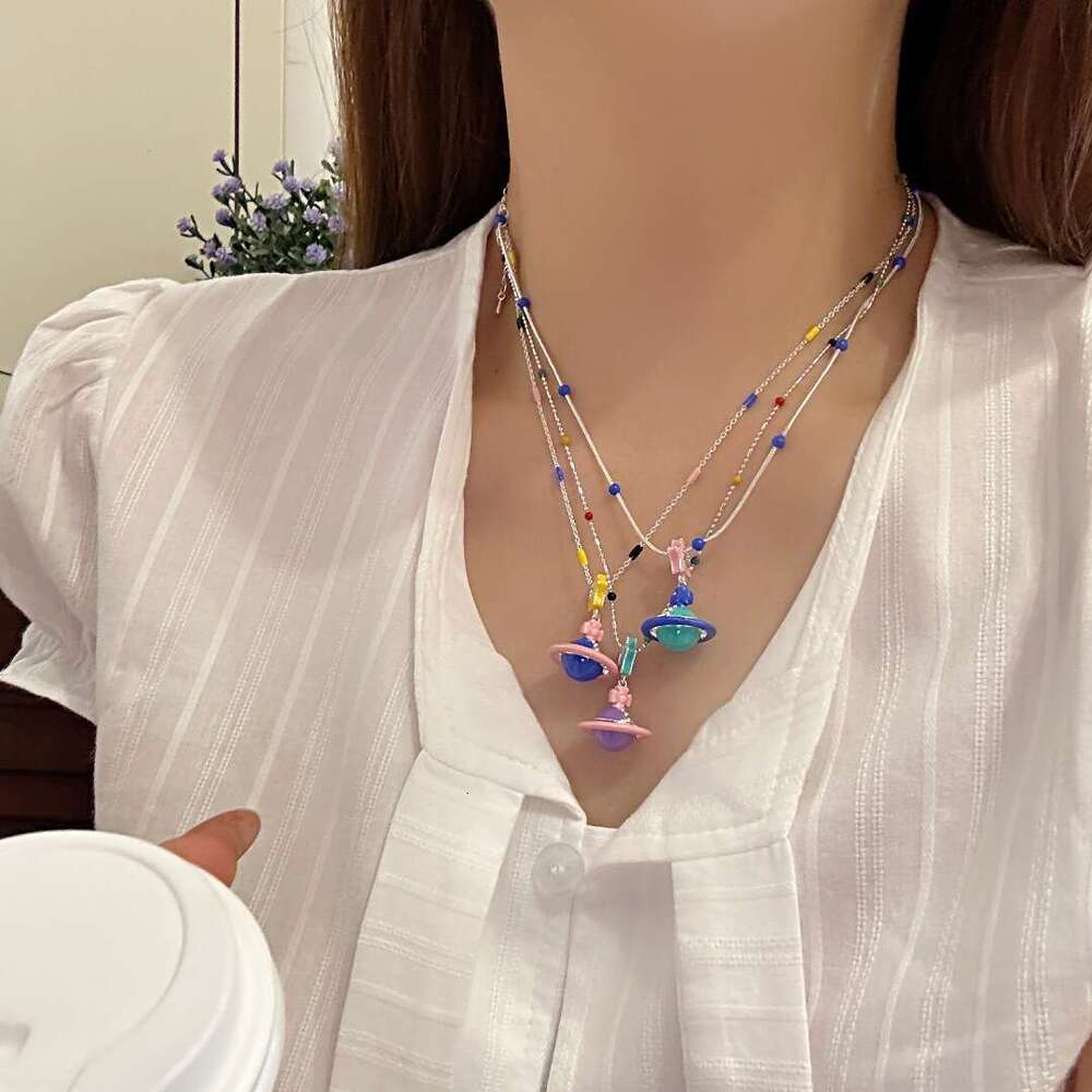 2025 Summer New Dopamine Fun Beaded 3D Saturn Necklace Fresh Sweet Colorful Glaze Collarbone Chain d1a