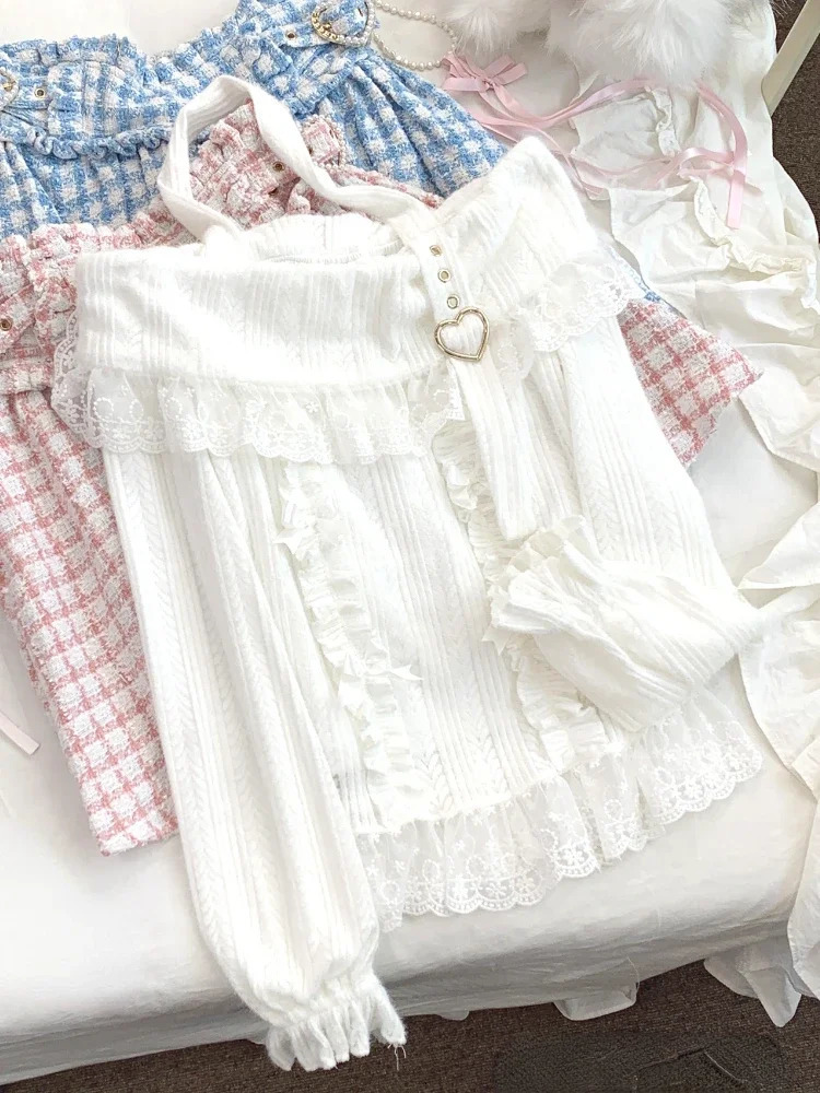 Lolita Off Shoulder Halter Sweater Women Kawaii Lace Patchwork Y2k Aesthetic Japanese Bottoming Crop Tops Pullover Knitwear 250723