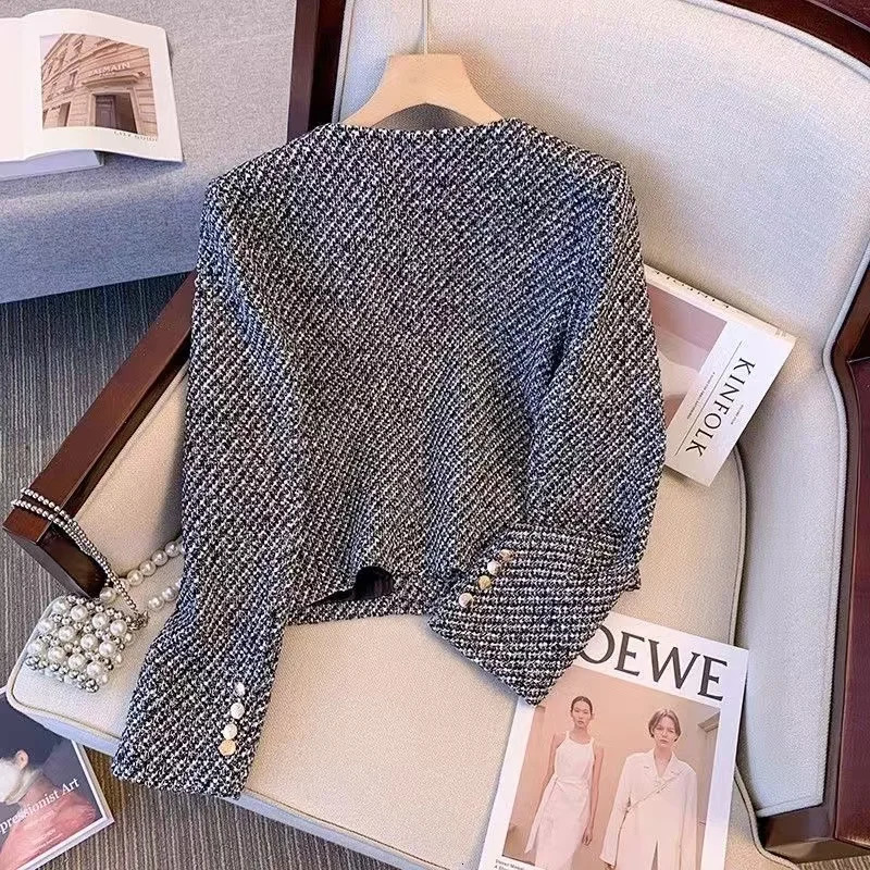Winter Vintage Tweed Jacket Small Cardigan Female Korean Short Fragrance Joint Elegant Woolen Coat 250730