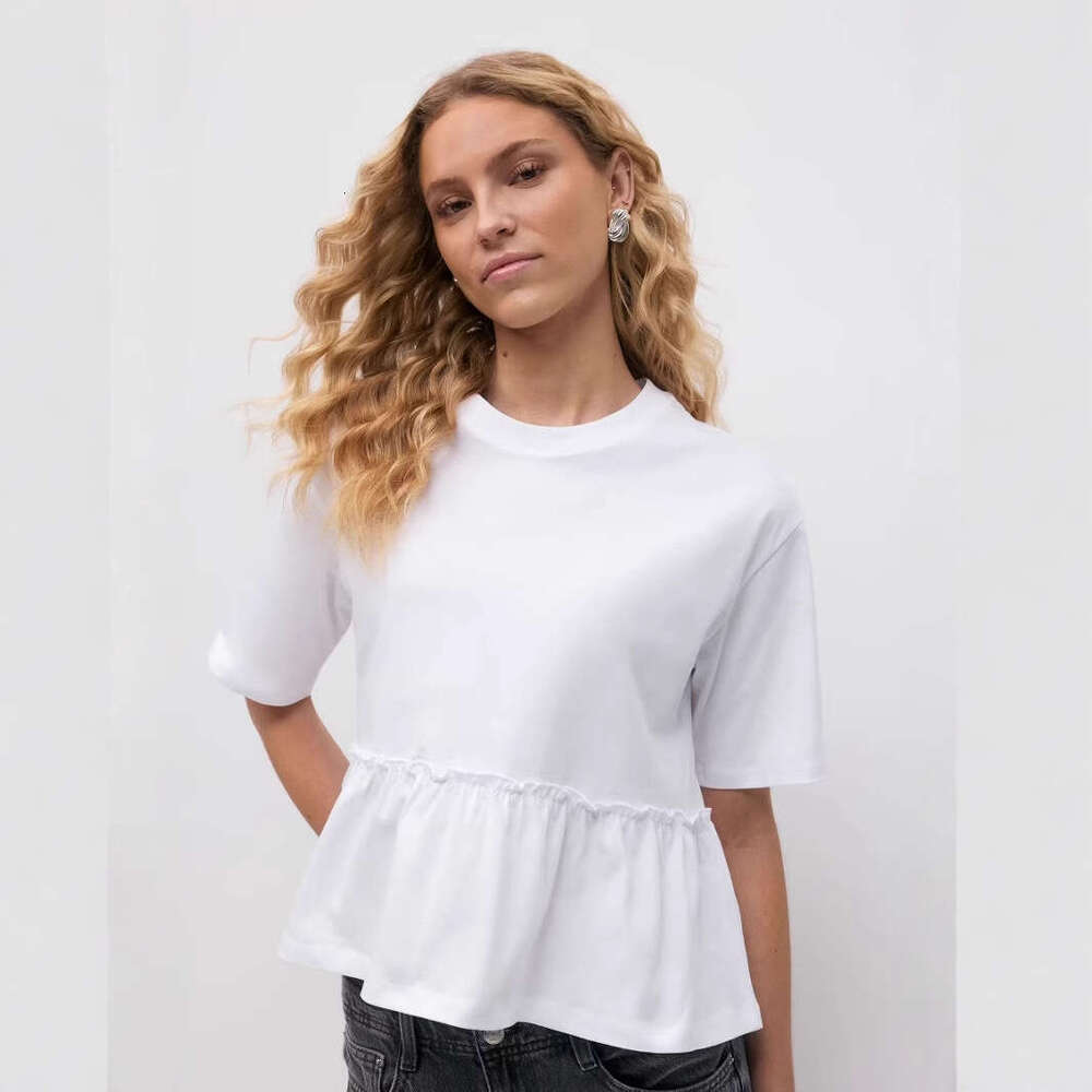 Spring Summer New Style Pure Cotton Round Neck Pleated T-Shirt For Women Soft Loose Casual Versatile Top B5